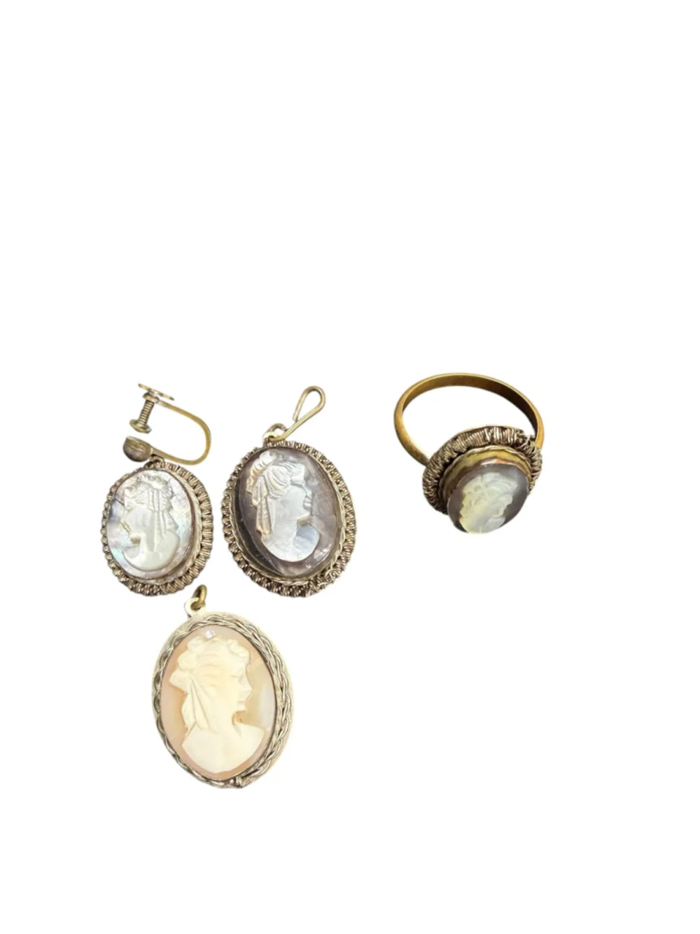 Vintage Cameo Jewelry Lot Ring Pendants Shell Cameos Single Screw Back Earring